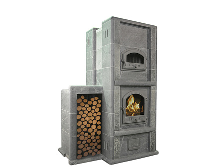 Теплонакопительная Печь-камин Karhu  2DT через стену (с дровником) камень серпентинит АНТИК Т40мм
