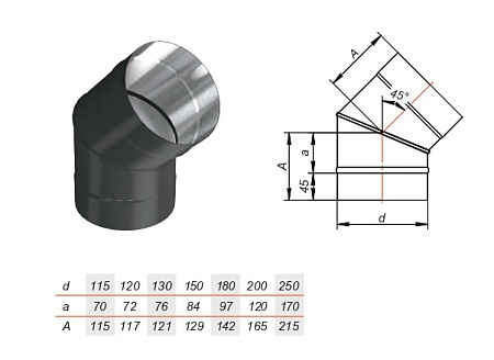 Отвод VBR 45° нерж AISI 439 0.8 черный