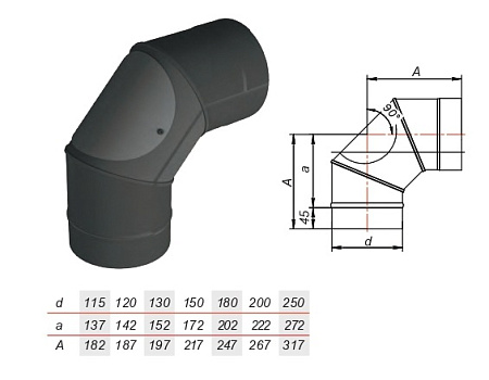 Отвод VBR 90° с прочисткой нерж AISI 439 0.8 черный